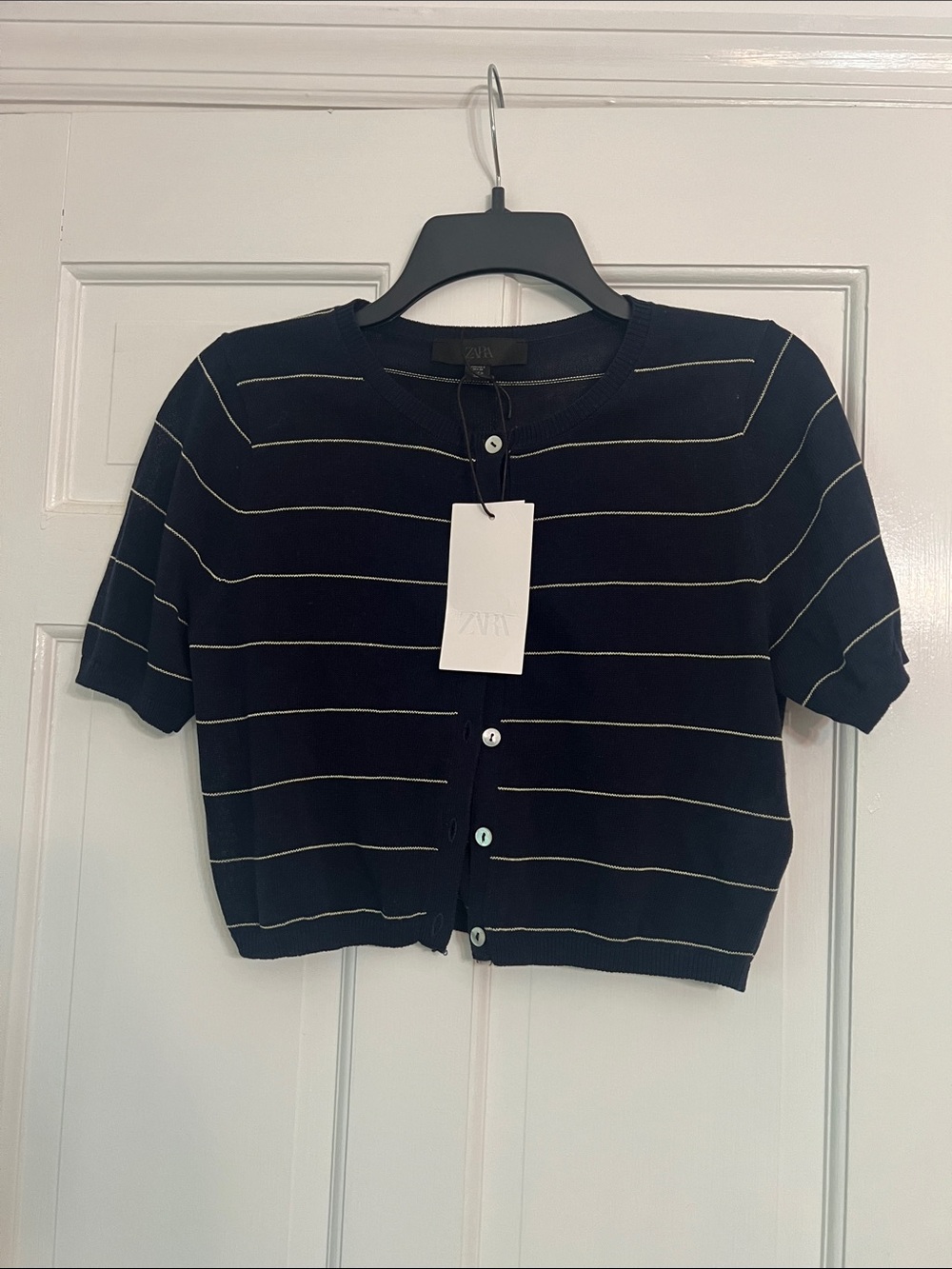 Zara Black Cropped Button Cardigan with Thin Gold Stripes